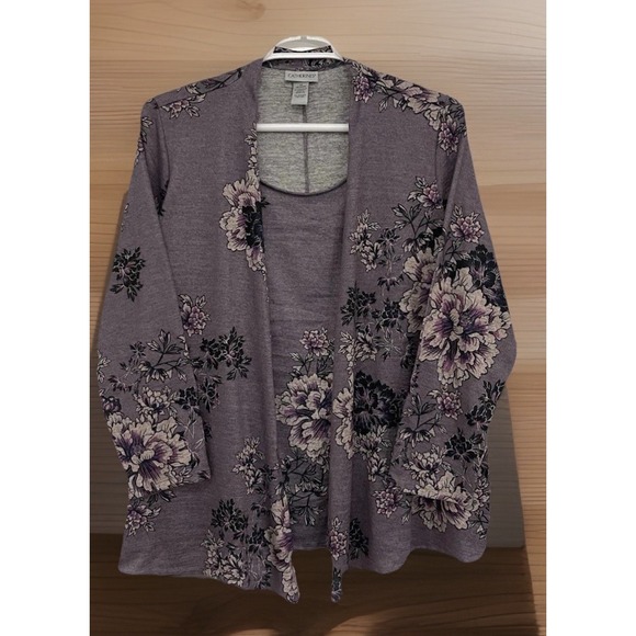 Catherines 2 in 1 Cardigan Top Size 1X 18/20 Purple Floral Twinset Stretch - Picture 1 of 10